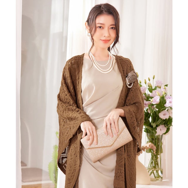 ボレロ レース ロング丈 パーティー コサージュ付き （ブラウン）
