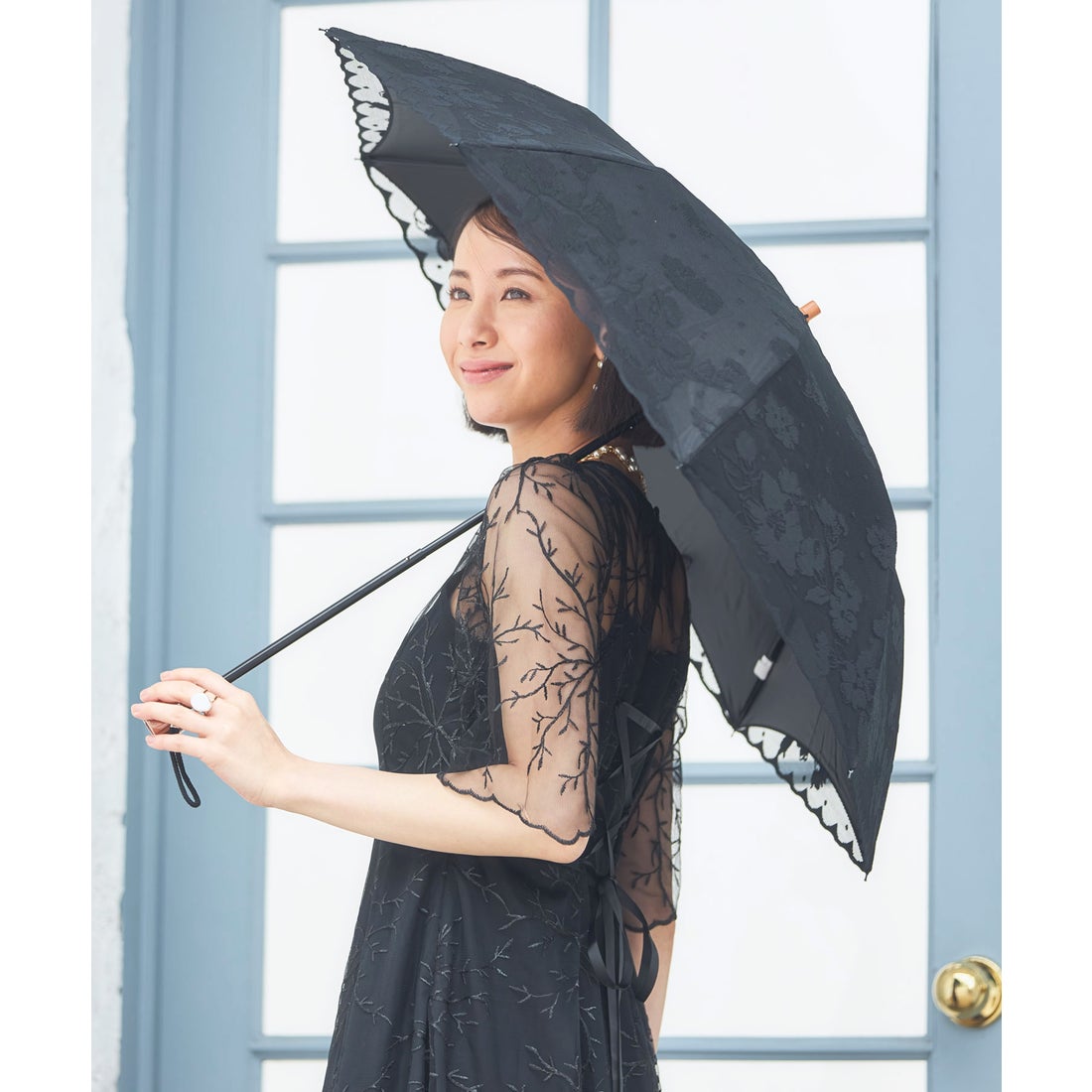 ドレスプラス DRESS+ 傘 折りたたみ傘 晴雨兼用 日傘 花柄刺繍 （ブラック）