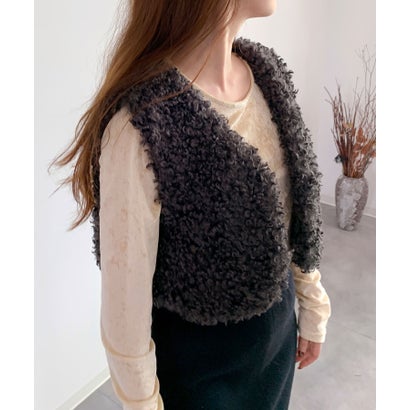 ドレスプラス DRESS+ カラクルファー調カールベスト クロップド丈 ノースリーブ フロントオープン 重ね着 レイヤード 秋冬コーデ （チャコール）｜詳細画像