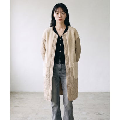 ドレスプラス DRESS+ ノーカラーコート キルティング ボア切り替え ミドル丈 スナップボタン ポケット付き きれいめカジュア （ベージュ）｜詳細画像