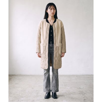 ドレスプラス DRESS+ ノーカラーコート キルティング ボア切り替え ミドル丈 スナップボタン ポケット付き きれいめカジュア （ベージュ）｜詳細画像