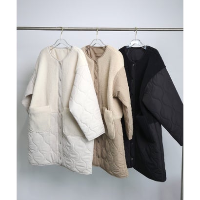 ドレスプラス DRESS+ ノーカラーコート キルティング ボア切り替え ミドル丈 スナップボタン ポケット付き きれいめカジュア （ベージュ）｜詳細画像
