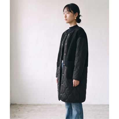 ドレスプラス DRESS+ ノーカラーコート キルティング ボア切り替え ミドル丈 スナップボタン ポケット付き きれいめカジュア （ブラック）｜詳細画像