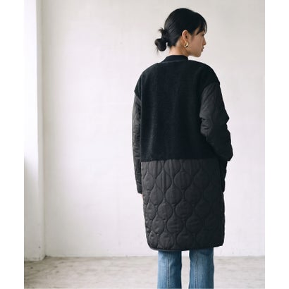 ドレスプラス DRESS+ ノーカラーコート キルティング ボア切り替え ミドル丈 スナップボタン ポケット付き きれいめカジュア （ブラック）｜詳細画像