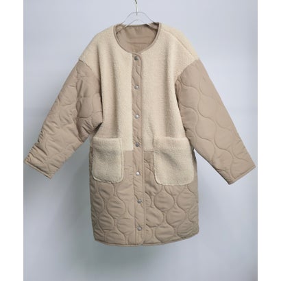 ドレスプラス DRESS+ ノーカラーコート キルティング ボア切り替え ミドル丈 スナップボタン ポケット付き きれいめカジュア （ブラック）｜詳細画像