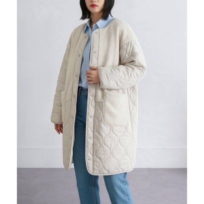 ドレスプラス DRESS+ ノーカラーコート キルティング ボア切り替え ミドル丈 スナップボタン ポケット付き きれいめカジュア （アイボリー）｜詳細画像