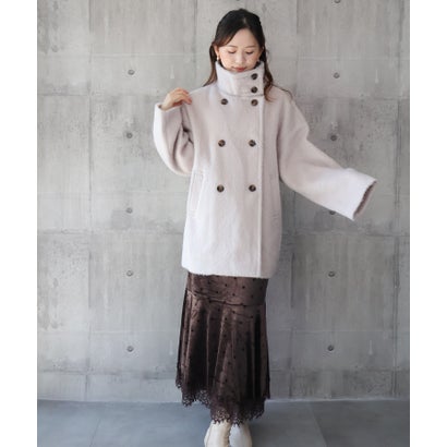 スタンドカラーコート ダブルボタン シャギー調 ミドル丈 無地 ドロップショルダー 裏地あり 通勤 休日 （アイボリー）｜詳細画像