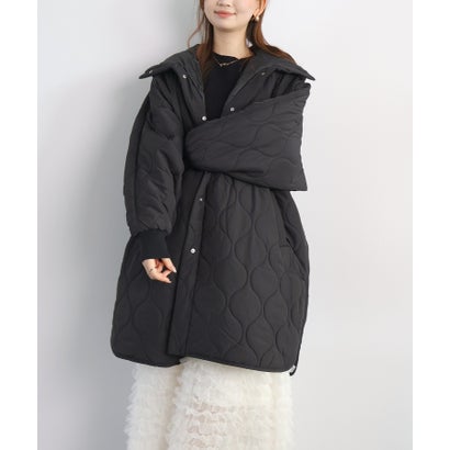 ドレスプラス DRESS+ キルティングコート ロング丈 フード付き ウエストギャザー スナップボタン リブ袖 （ブラック）｜詳細画像