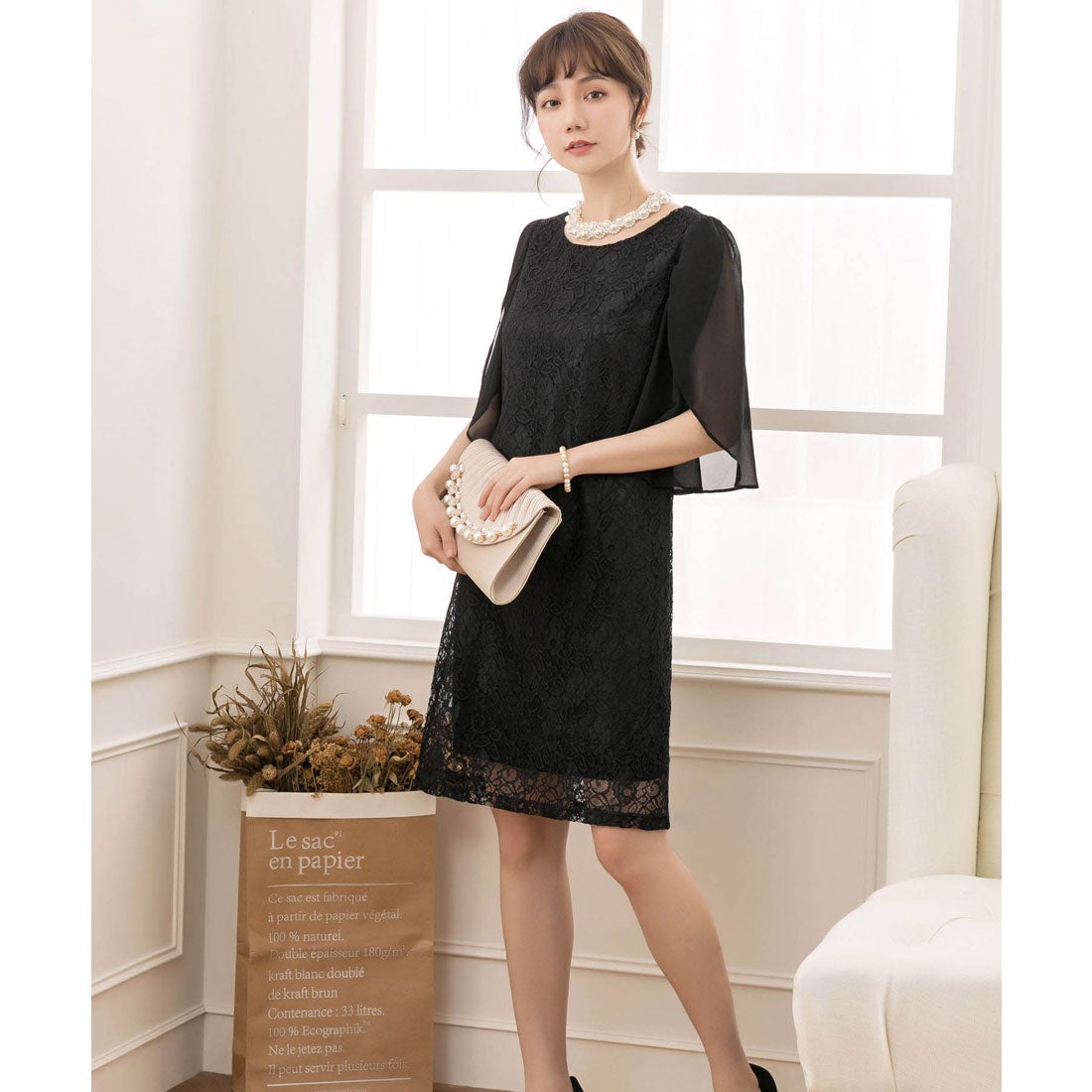 ドレスプラス DRESS+ フリル(シフォン)スリーブレースワンピース・結婚 