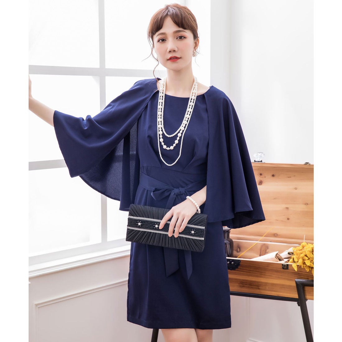 ドレスプラス DRESS+ ケープ風デザインウエストリボンワンピース 