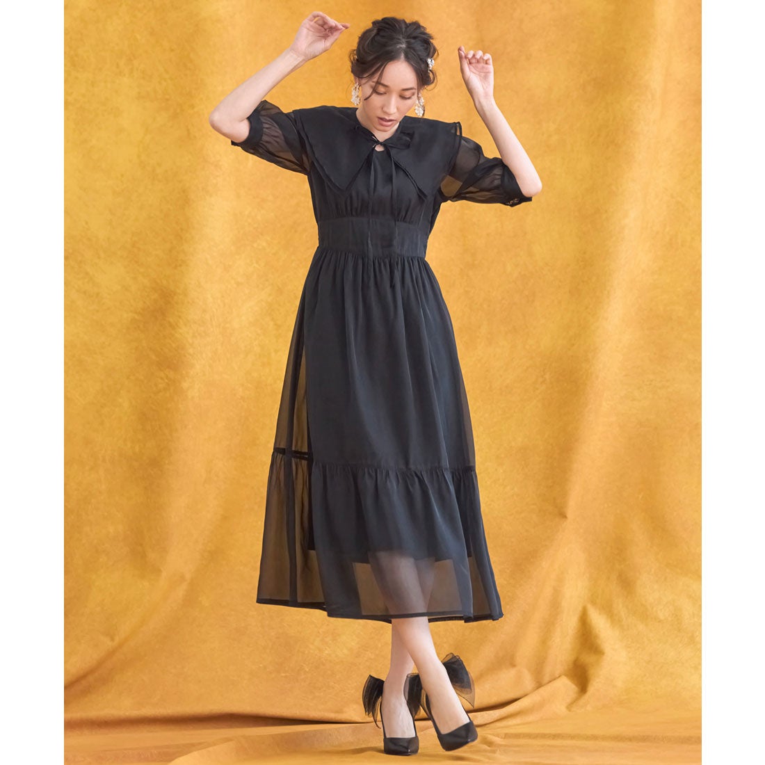 ドレスプラス DRESS+ ワンピース シアー素材 ケープ付き ミモレ丈