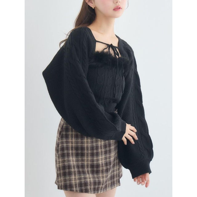 【セットアイテム】ファー付きケーブルニットSET （BLK1）