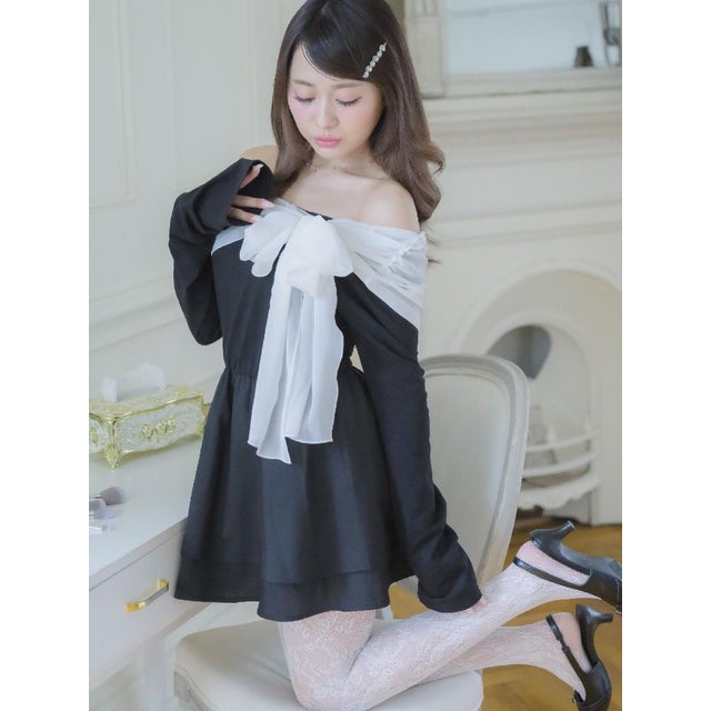 オフショルリボンワンピース （BLK1）