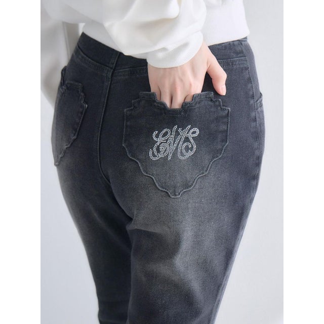 ハートポケットフレアデニムパンツ （BLK1）