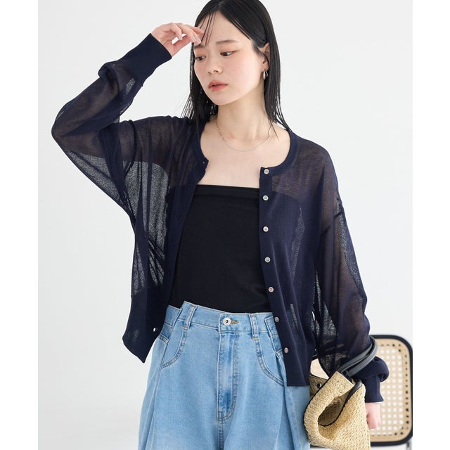 【WEB限定】接触冷感シアークルーニットカーディガン （ネイビー）