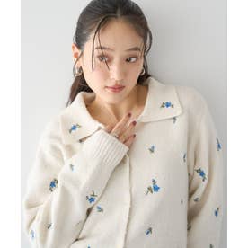 フラワー刺繍襟付きニットカーディガン （オフホワイト）