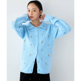 フラワー刺繍襟付きニットカーディガン （ライトブルー）