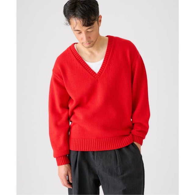 《予約》COTTON/WOOL DEEP Vネック ニット （レッド）
