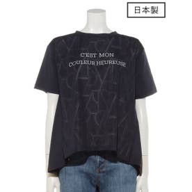 【日本製】 幾何柄×オーガンジー Tシャツ （ネイビー）