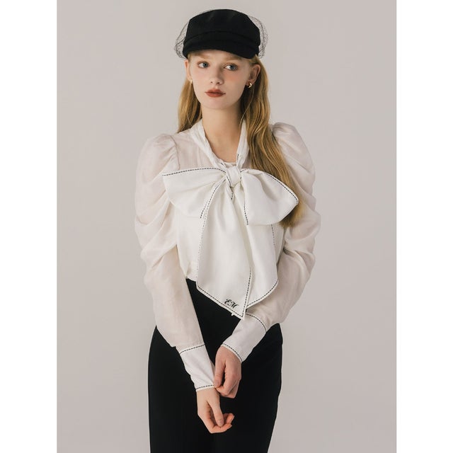 STITCH BOW TIE BLOUSE （WHITE）