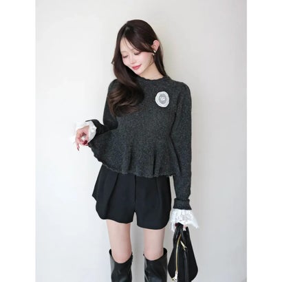 LACE PEPLUM KNIT TOPS （C/GRY）｜詳細画像