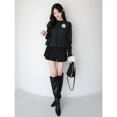 LACE PEPLUM KNIT TOPS （C/GRY）｜詳細画像