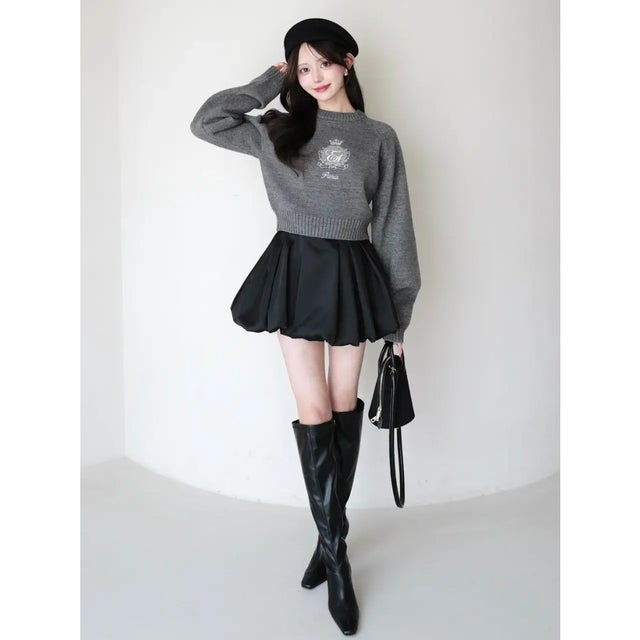BELTED SATIN BALLON SKIRT （BLK）