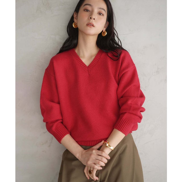 【2026AW】【M～Lサイズ展開】Vネックカラーニットプルオーバー （レッド）