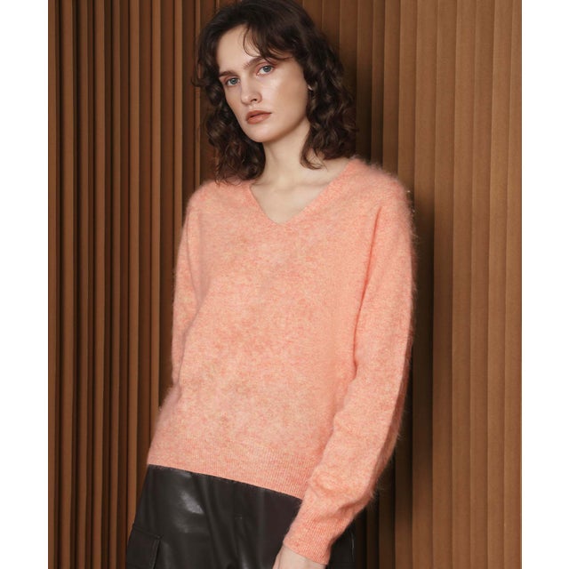 【2026AW】【ウール・カシミヤ・シルク混】Vネックシャギーニットプルオーバー （オレンジ）