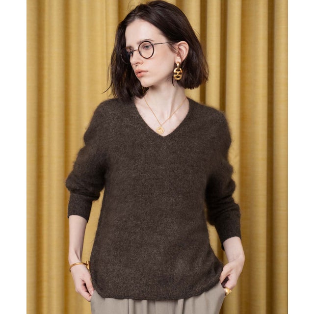 【2026AW】【ウール・カシミヤ・シルク混】Vネックシャギーニットプルオーバー （ブラウン）