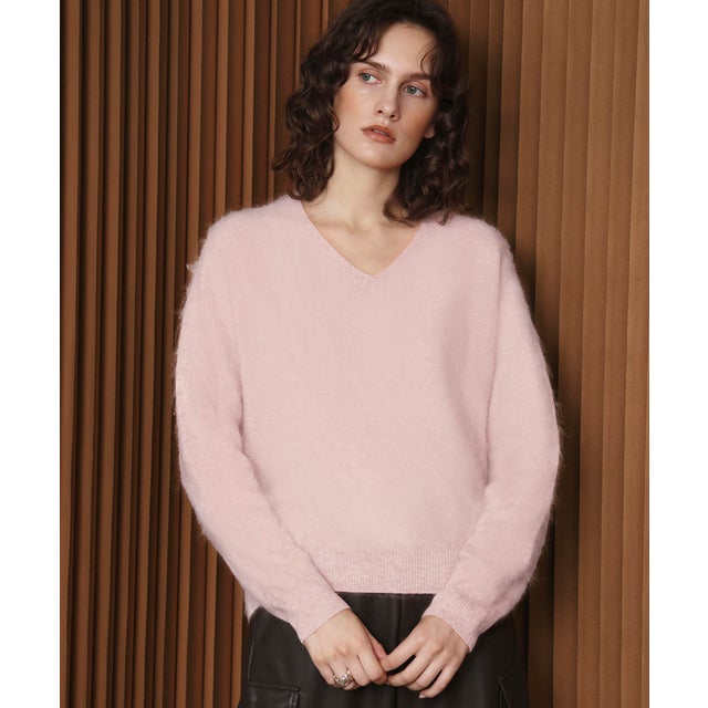 【2026AW】【ウール・カシミヤ・シルク混】Vネックシャギーニットプルオーバー （ピンク）