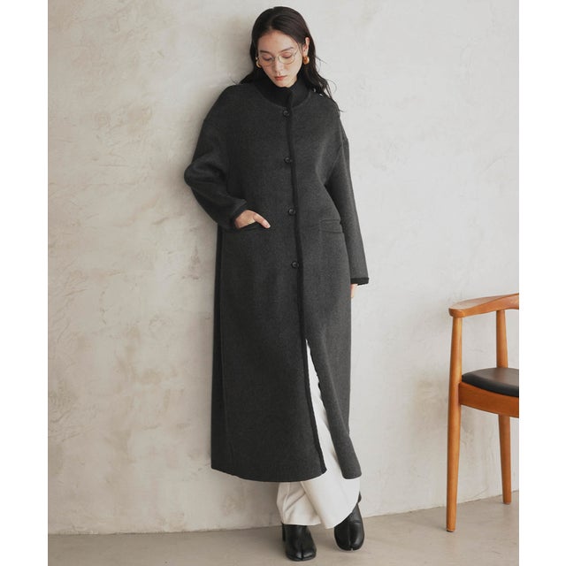 【2026AW】【上質ウール70％】スタンドカラー ロングコート （チャコールグレー）