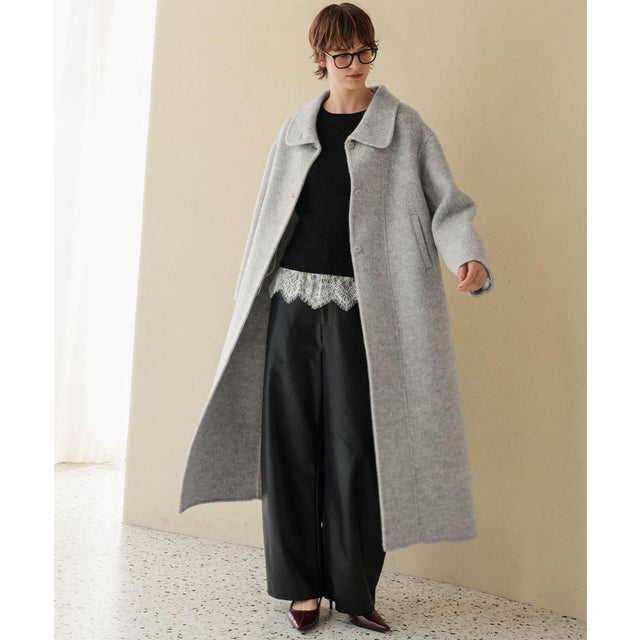 【2026AW】【上質ウール70%】襟2way ステンカラー ハイネック ロングコート （ライトグレー）