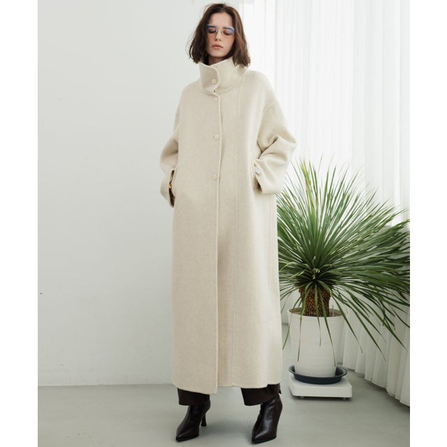 【2026AW】【上質ウール70%】襟2way ステンカラー ハイネック ロングコート （アイボリー）