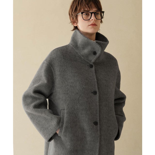 【2026AW】【上質ウール70%】襟2way ステンカラー ハイネック ロングコート （グレー）
