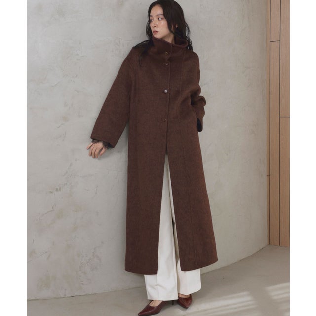 【2026AW】【上質ウール70%】襟2way ステンカラー ハイネック ロングコート （ブラウン）