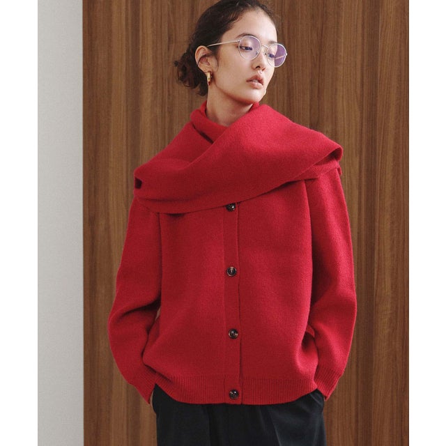 【2026AW】【M～Lサイズ展開】ストールドッキングVネックニットカーディガン （レッド）