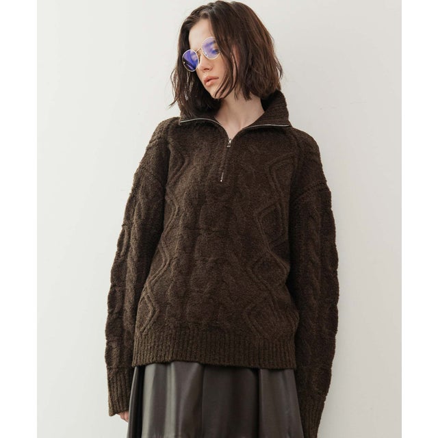 【2026AW】【M～Lサイズ展開】ブークレーケーブル編みハーフジップニットプルオーバー （ブラウン）