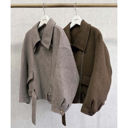 【2026AW】【M～Lサイズ展開】【上質ウール70％】スタンドカラーライダースショートコート （グレージュ）｜詳細画像