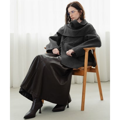 エルフランク ELFRANK 【2026AW】【上質ウール70％】ストールカラーベルト付きミドル丈コート ウールコート （チャコールグレー）｜詳細画像
