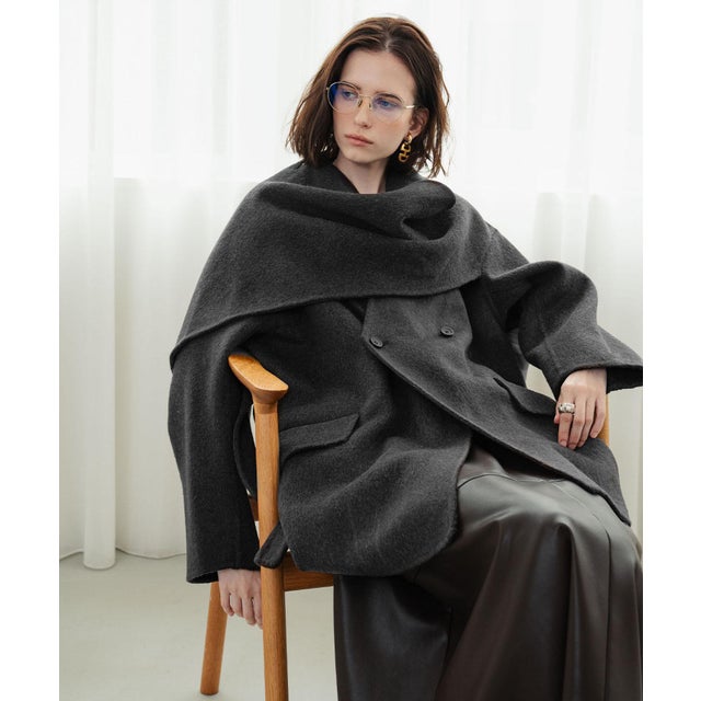 【2026AW】【上質ウール70％】ストールカラーベルト付きミドル丈コート ウールコート （チャコールグレー）