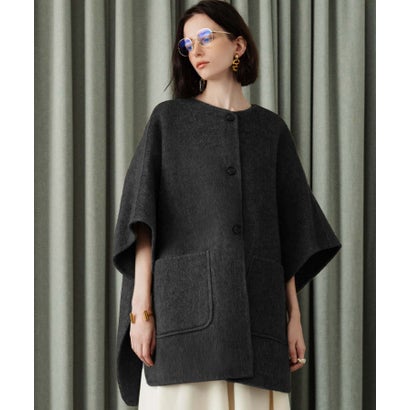 【2026AW】【上質ウール70％】ノーカラーポンチョ風ハーフコート ウールコート （ブラック）｜詳細画像