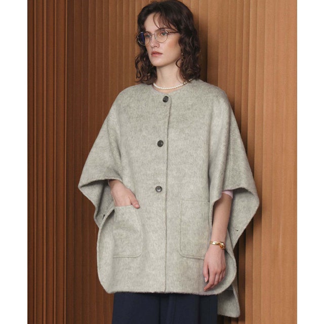 【2026AW】【上質ウール70％】ノーカラーポンチョ風ハーフコート ウールコート （グレー）
