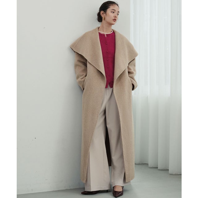 【2026AW】【希少アルパカ混・上質ウール】ビッグカラーロング丈ガウンコート （ベージュ）