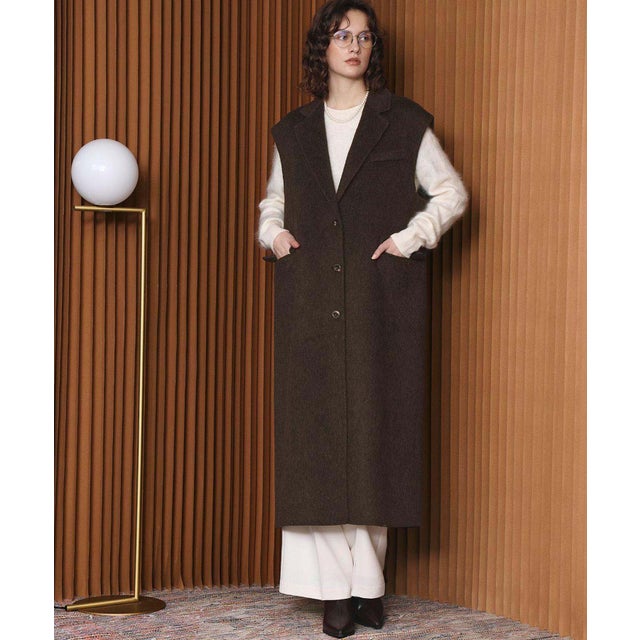 【2026AW】【上質ウール70％】ノースリーブテーラードロングベスト ジレ （ブラウン）