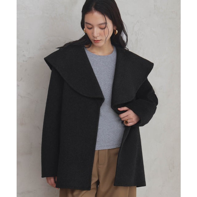 【2026AW】【上質ウール70％】ビッグカラーベルト付きミドルコート ハーフコート （ブラック）