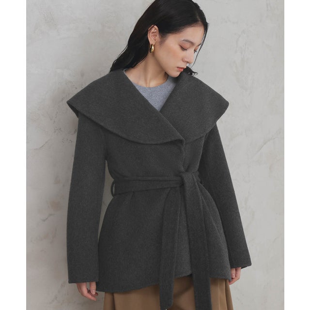【2026AW】【上質ウール70％】ビッグカラーベルト付きミドルコート ハーフコート （グレー）