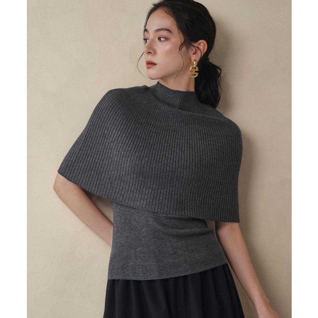 【2026AW】【2点セット / 2WAY】ウール混リブニットケープ×ノースリーブトップス アンサンブル （グレー）