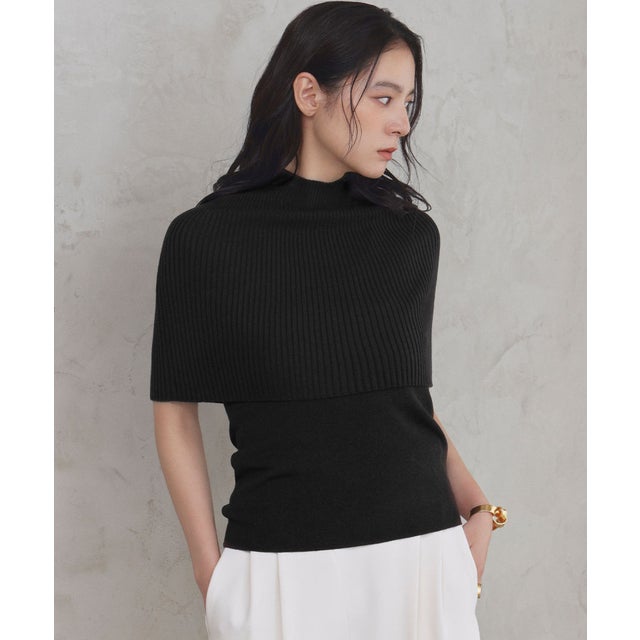 【2026AW】【2点セット / 2WAY】ウール混リブニットケープ×ノースリーブトップス アンサンブル （ブラック）
