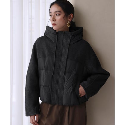 【2026AW】【S～Mサイズ展開】【ダウン90％】ウール混異素材ドッキングフード付きショートダウンブルゾン （ブラック）｜詳細画像